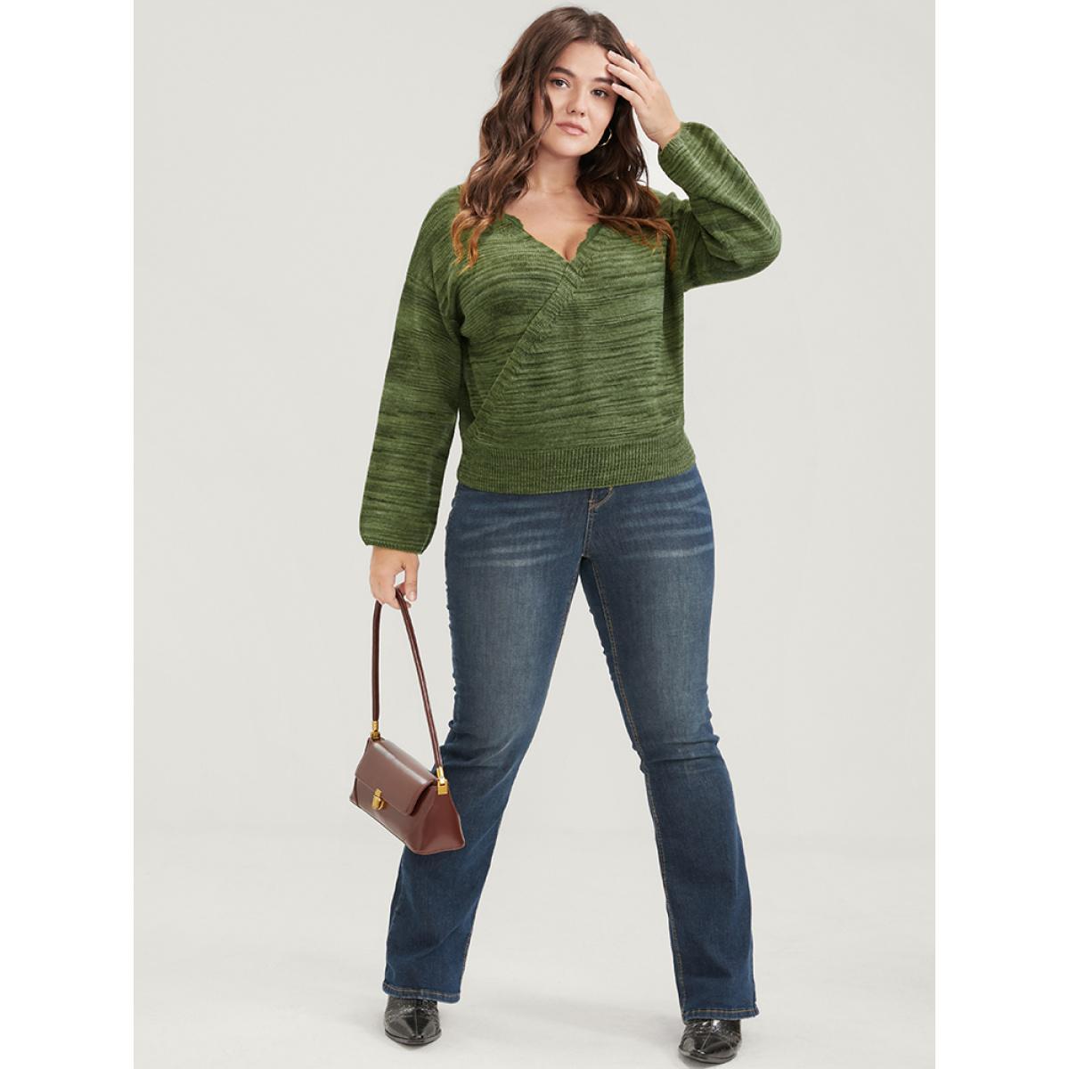 Plus Size Marled Knit Button Lace Trim Wrap Knit Top Moss Women Elegant Long Sleeve Dailywear Pullovers BloomChic 28/5X Product Image