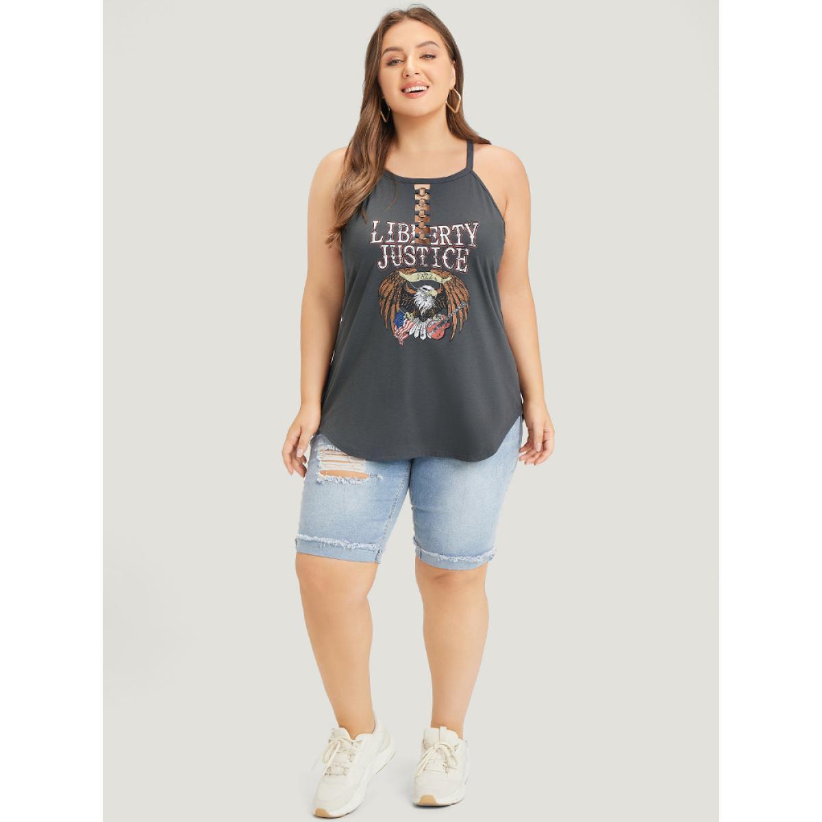 Plus Size Eagle & Letter Print Halter Metal Detail Cut Out Cami Top Women DimGray Casual Arc Hem Dailywear Tank Tops Camis BloomChic 10/M Product Image