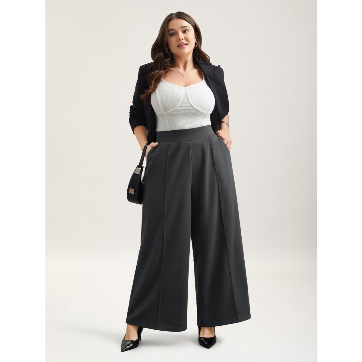 Plus Size Ruched Tummy-Control Seamed Wide Leg Pants Women DimGray At the Office Wide Leg Mid Rise Work Pants BloomChic 30/6X Product Image
