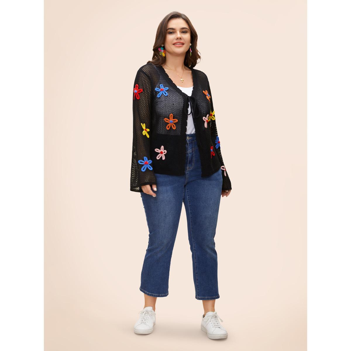 Plus Size Knit Floral Front Tie Cardigan Black Women Casual Loose Long Sleeve Everyday Cardigans BloomChic 28/5X Product Image