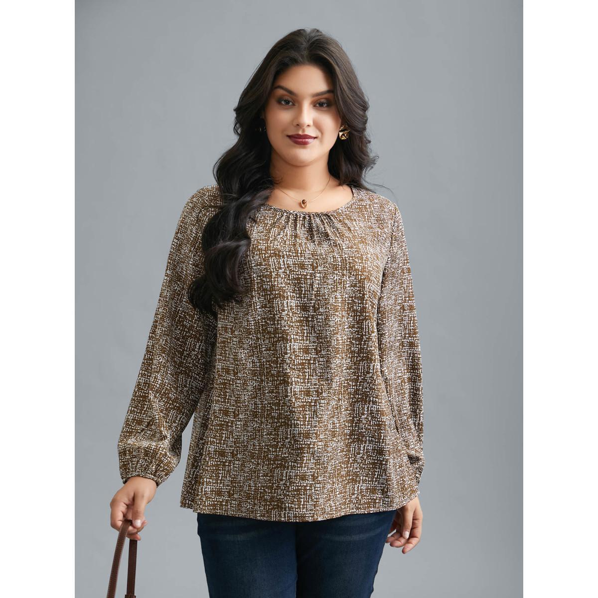 Plus Size Yellowishbrown Crew Neck Geometric Print Gathered Blouse Women At the Office Long Sleeve Round Neck Work Blouses BloomChic 18-20/2X Product Image