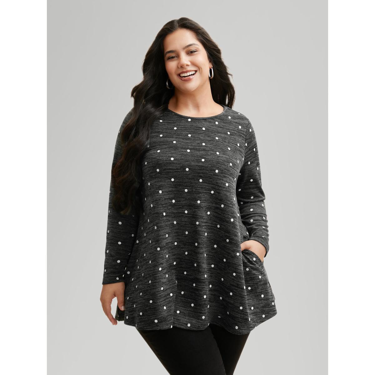 Plus Size Heather Polka Dot Pocket T-shirt DimGray Women Casual Non Round Neck Loose Everyday T-shirts BloomChic 10/M Product Image