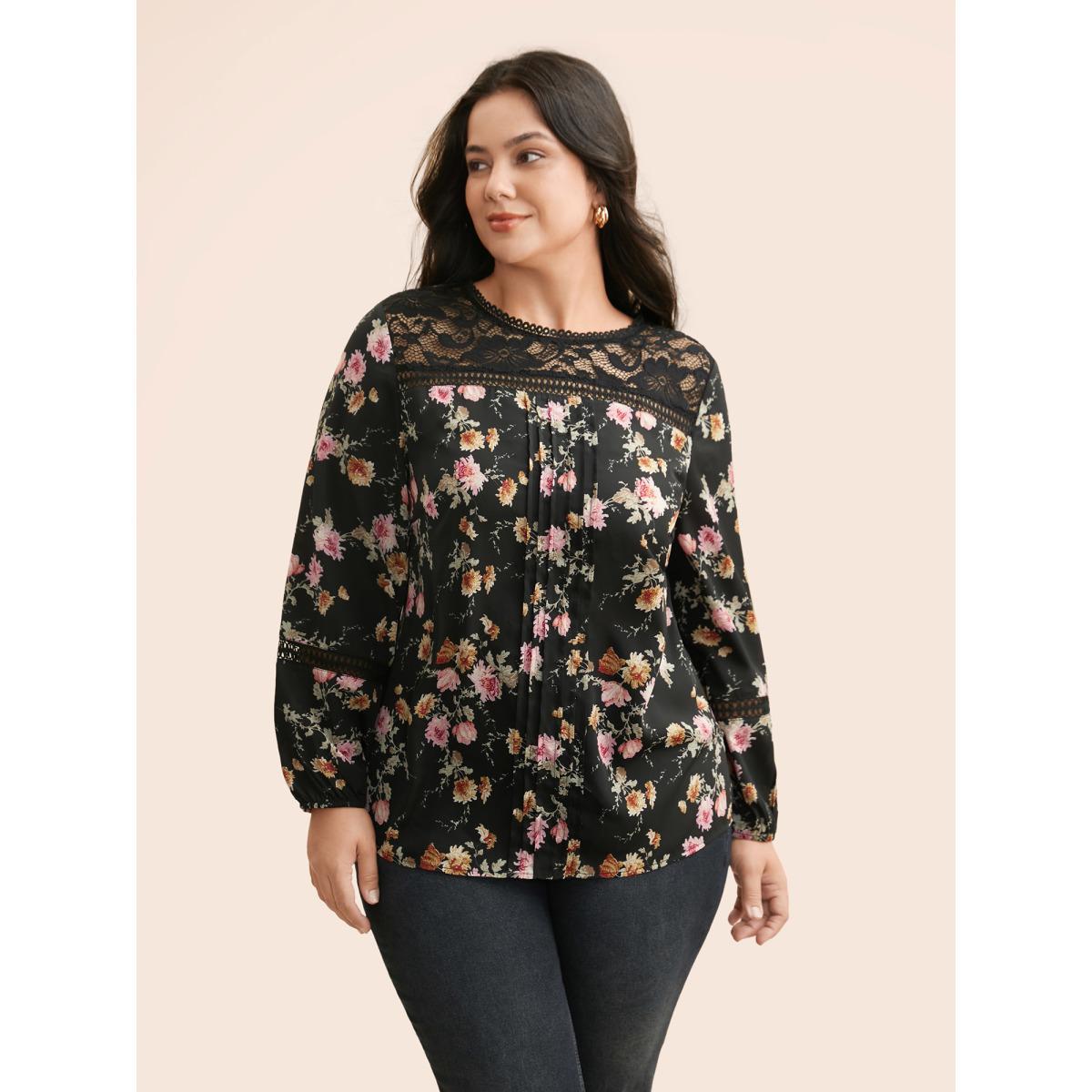 Plus Size Black Floral Lace Panel Lantern Sleeve Blouse Women Elegant Long Sleeve Round Neck Everyday Blouses BloomChic 10/M Product Image