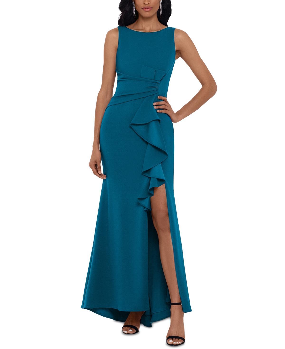 Betsy  Adam Stretch Scuba Crepe Boat Neck Sleeveless Cascading Ruffle Gown Product Image
