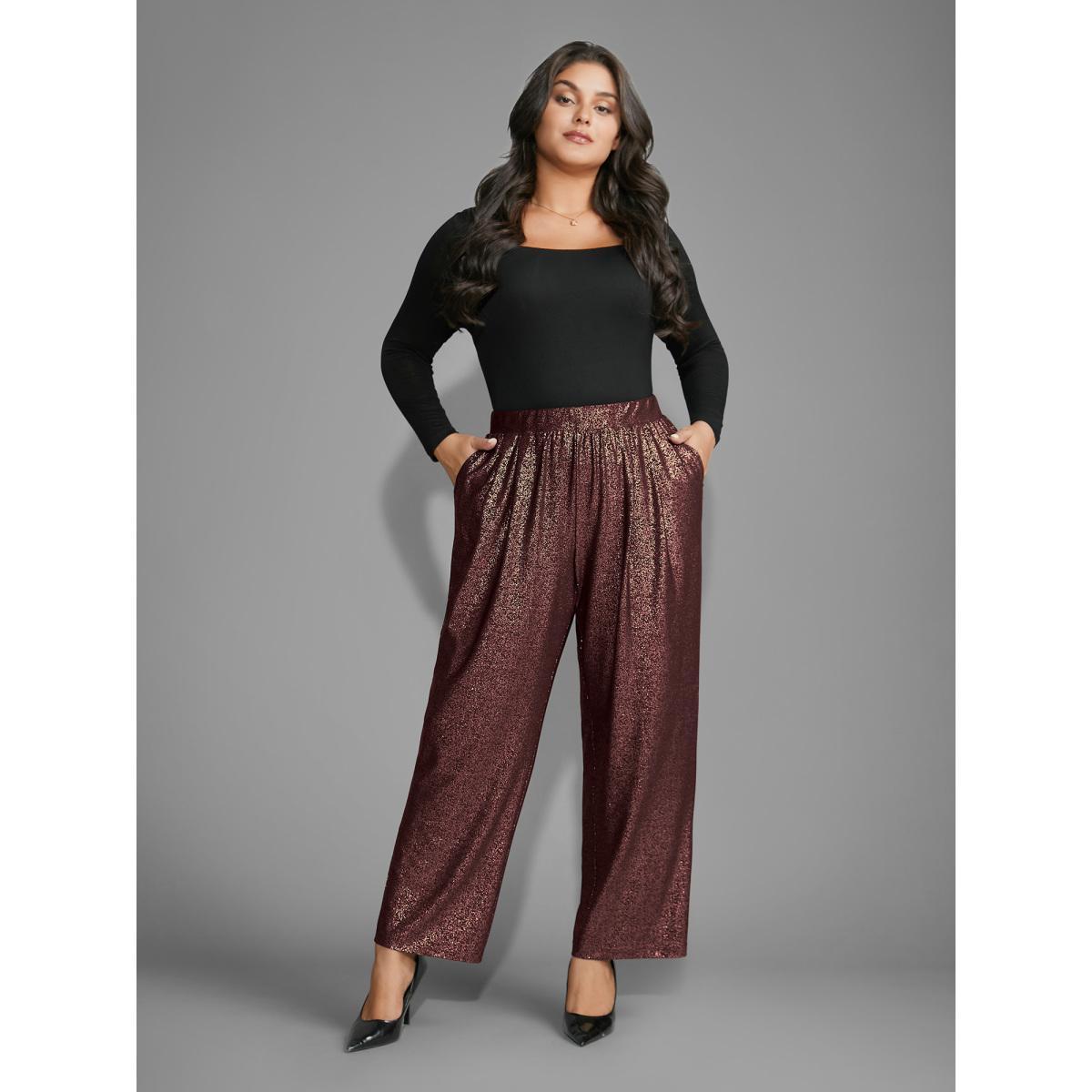 Plus Size Sequin Knit Elastic Waist Holiday Pants Women Burgundy Formal Mid Rise Party Pants BloomChic 18-20/2X Product Image