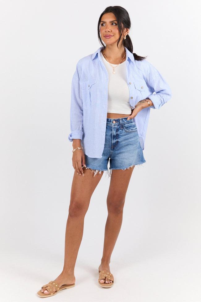 Coastline Walk Blue Striped Linen Blend Button Down Top FINAL SALE Product Image