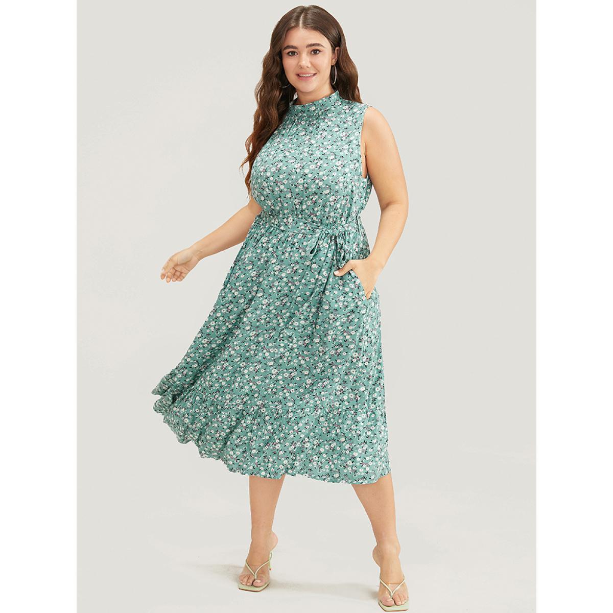 Plus Size Ditsy Floral Keyhole Pocket Belted Mock Neck Ruffles Dress Mint Women Elegant Pocket Mock Neck Sleeveless Curvy Midi Dress BloomChic 22-24/3X Product Image