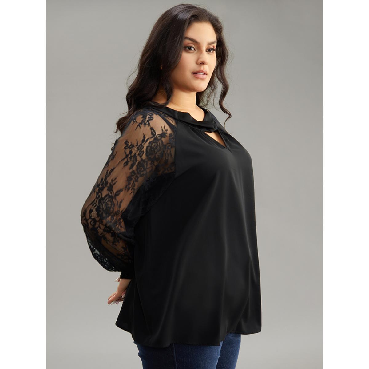 Plus Size Black Anti-Wrinkle Crochet Lace Mesh Keyhole Blouse Women Office Long Sleeve Keyhole Cut-Out Work Blouses BloomChic 14-16/1X Product Image