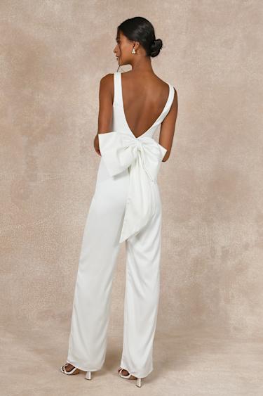 Angelic Aesthetic Ivory Satin Bow Back Sleeveless Jumpsuit Product Image