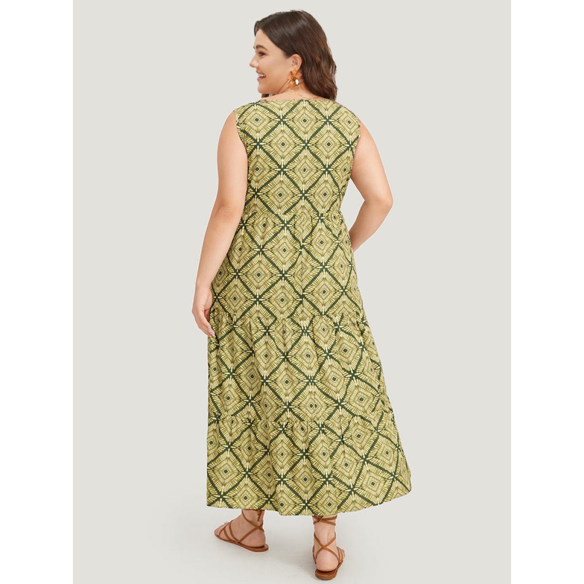 Plus Size Geometric Print Pocket Tank V Neck Dress Moss Women Vacation Printed V-neck Sleeveless Curvy Midi Dress BloomChic 18-20/2X Product Image