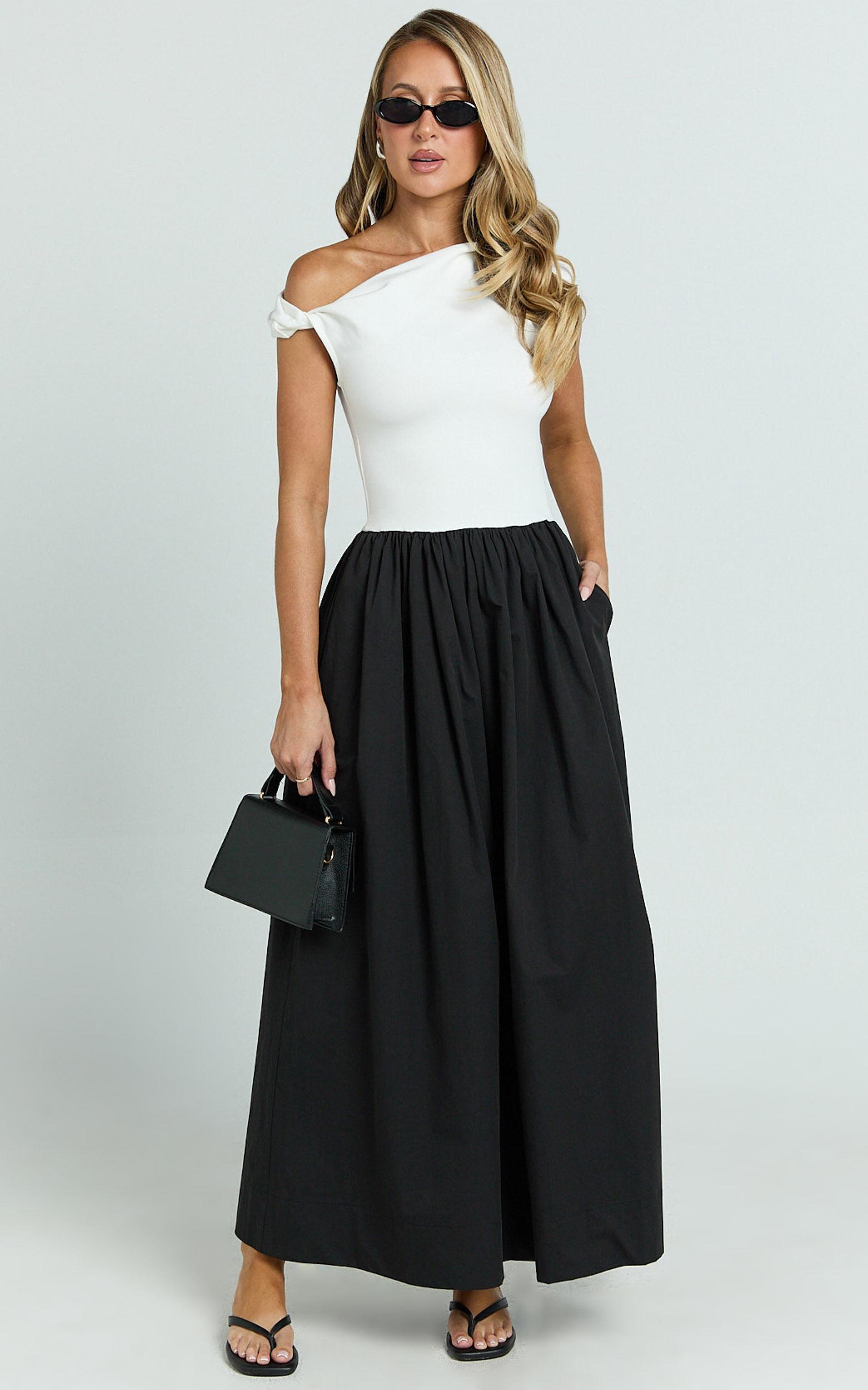 Jhamie Midi Dress - One Shoulder Contrast Skirt Dress in White/Black Product Image