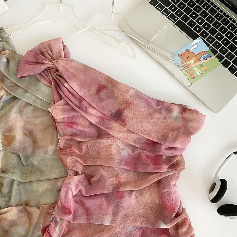 Sleeveless One Shoulder Tie Dye Ruched Tie Front Crop Top Product Image