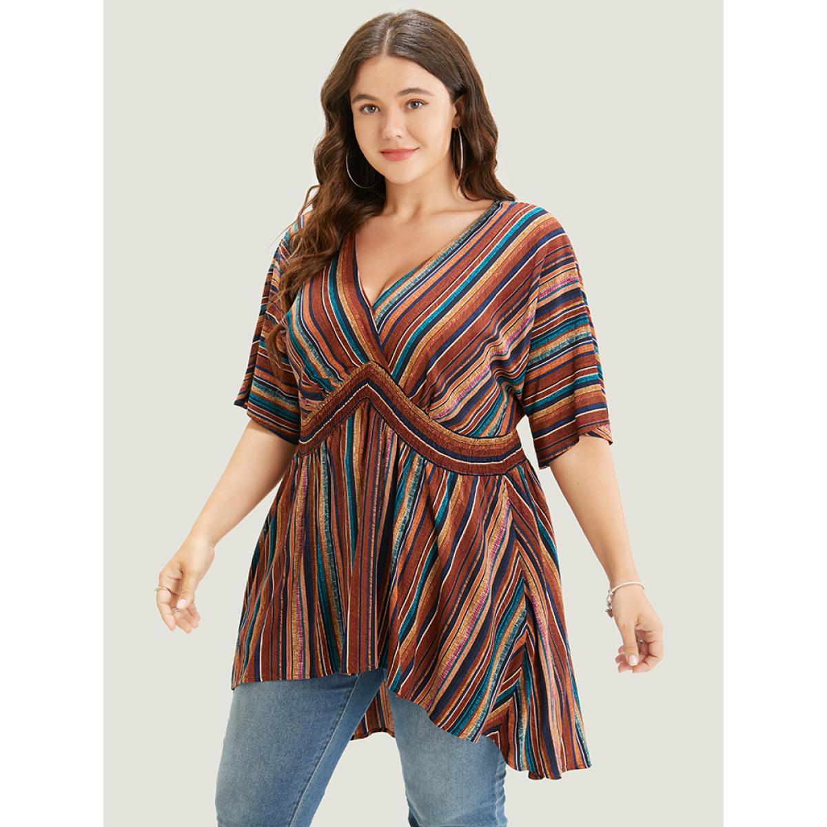 Plus Size DarkBrown Striped Contrast Shirred Wrap High Low Hem Pocket Blouse Women Vacation Short sleeve V-neck Vacation Blouses BloomChic 12/L Product Image