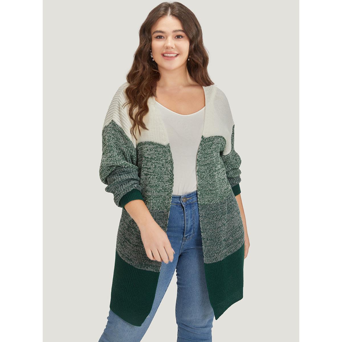 Plus Size Colorblock Drop Shoulder Patchwork Cardigan Green Women Casual Loose Long Sleeve Dailywear Cardigans BloomChic 10/M Product Image