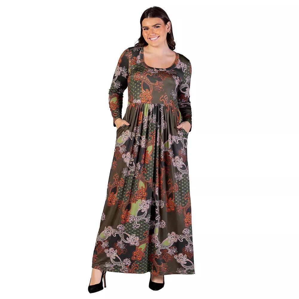 Plus Size 24Seven Comfort Apparel Green Long Sleeve Empire Waist Pocket Maxi Dress, Women's, Size: 1XL, Green Team Product Image