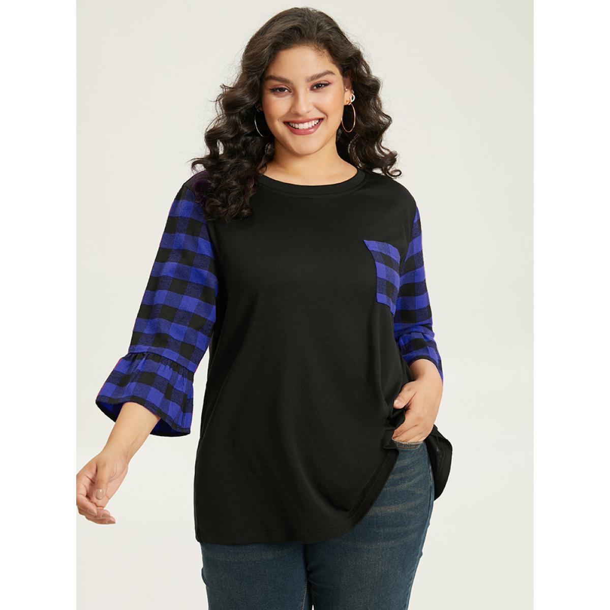 Plus Size Plaid Patched Pocket Patchwork Contrast Bell Sleeve T-shirt Blue Women Casual Contrast Plaid Round Neck Dailywear T-shirts BloomChic 14-16/1X Product Image