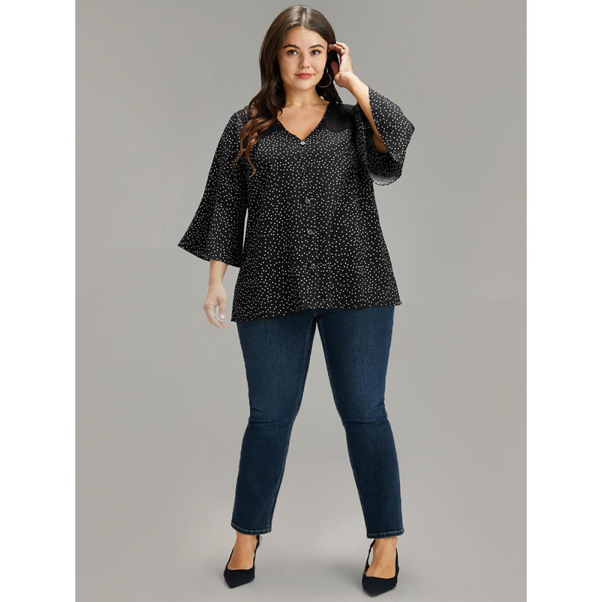 Plus Size Black Polka Dot Crochet Lace Button Detail Blouse Women Elegant Elbow-length sleeve V-neck Dailywear Blouses BloomChic 26/4X Product Image