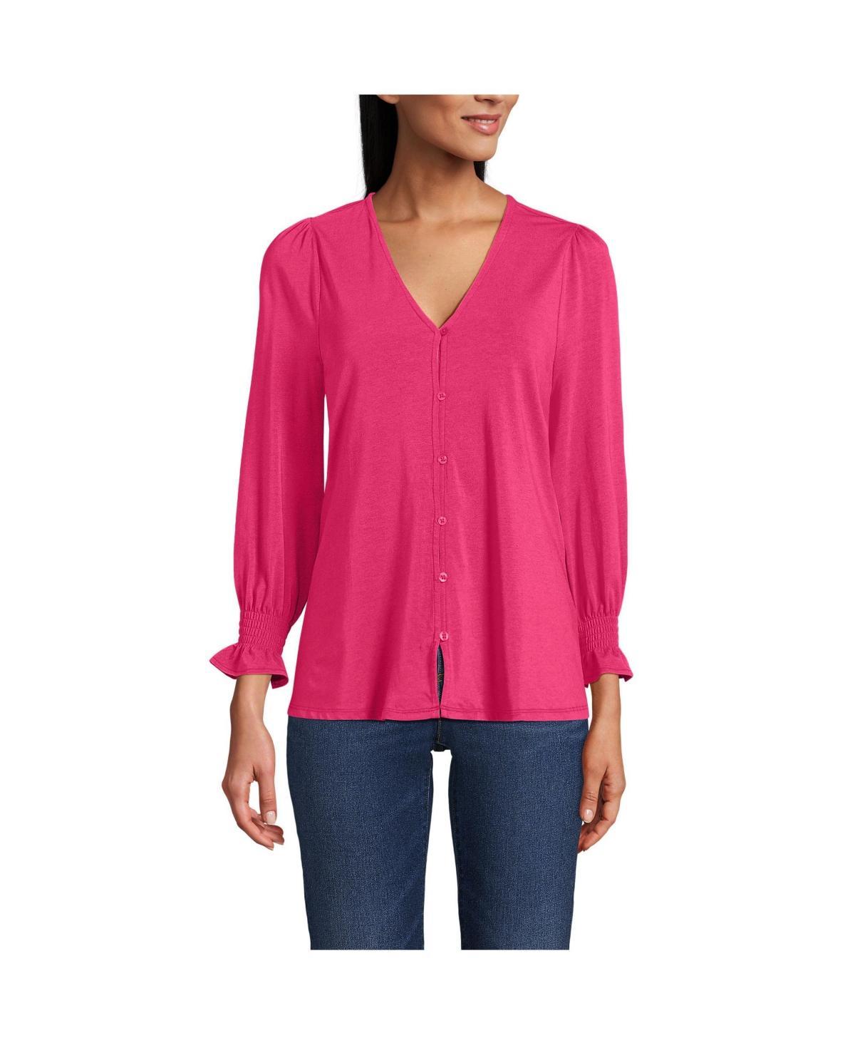 Women's Lands' End 3/4 Sleeve Lightweight Jersey Button Front Top, Size: Large, Spiced Rhubarb Product Image