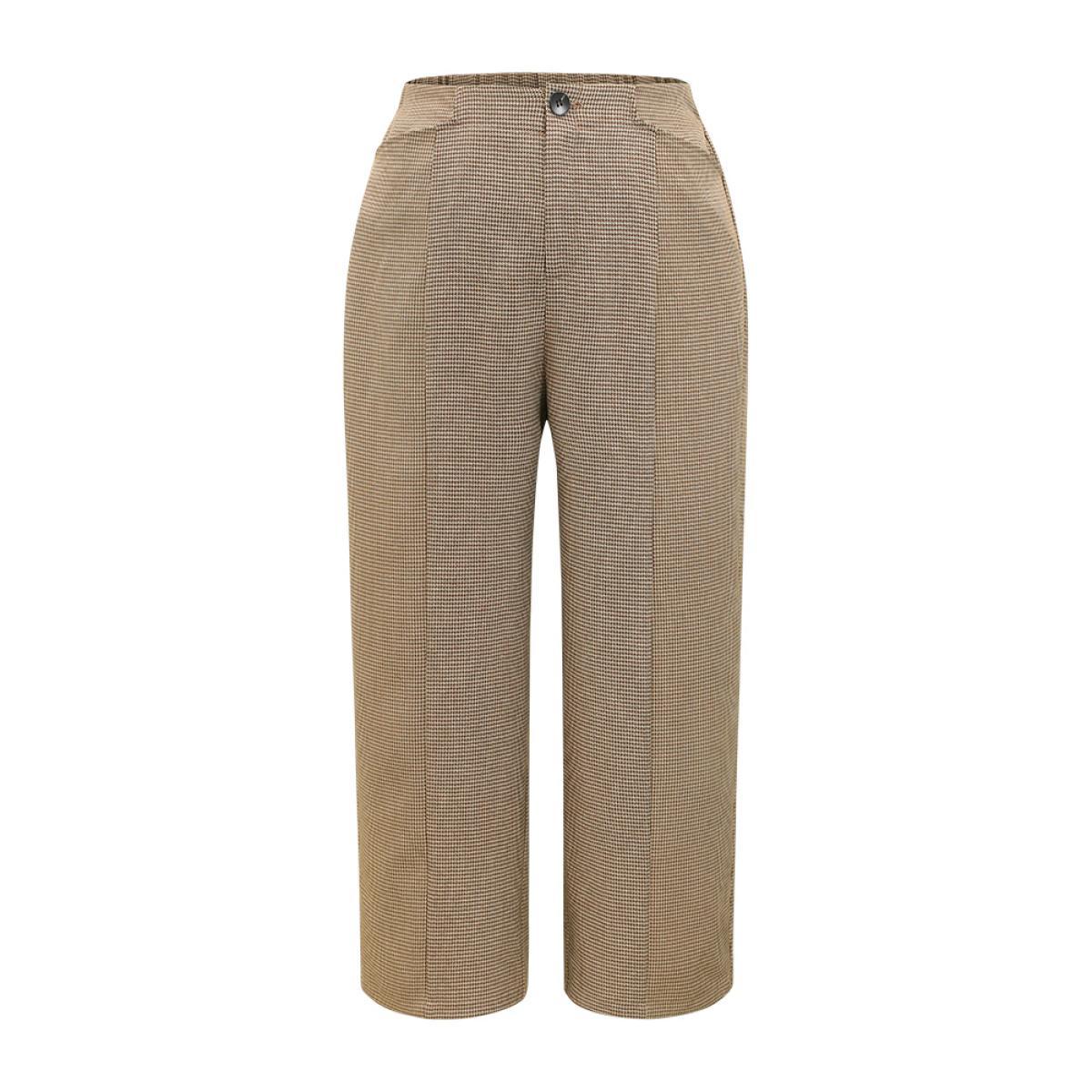 Plus Size Houndstooth Elastic Waist High Rise Straight Leg Pants Women Tan Office Straight Leg High Rise Work Pants BloomChic 18-20/2X Product Image