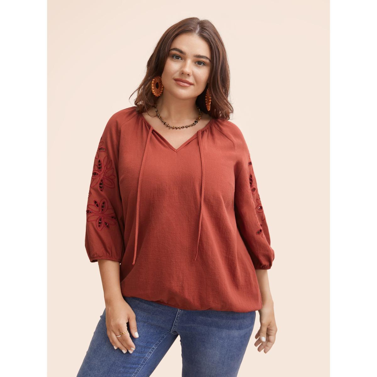 Plus Size Rust Broderie Anglaise Gathered Tie Knot Blouse Women Resort Elbow-length sleeve Round Neck Vacation Blouses BloomChic 22-24/3X Product Image