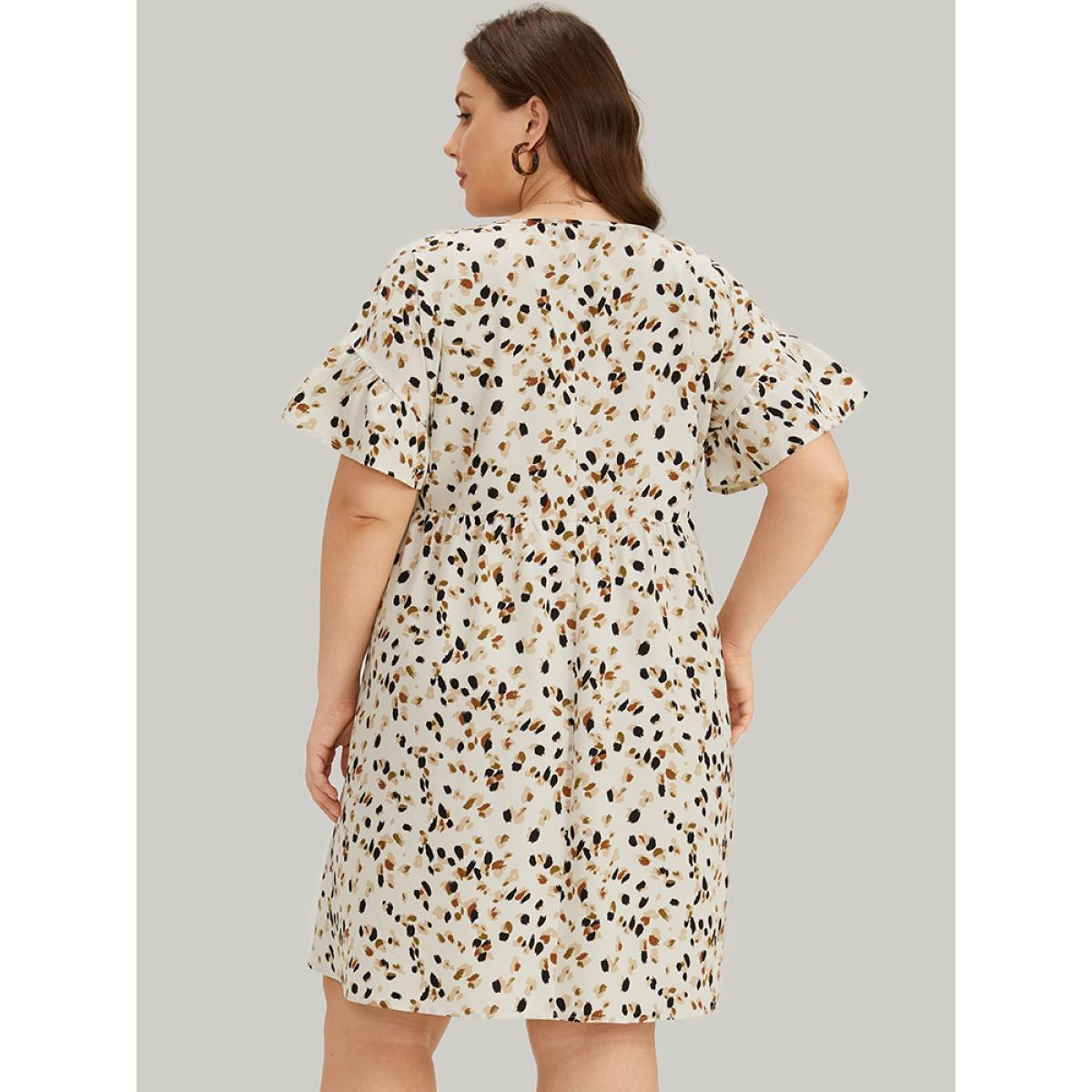 Plus Size Allover Print Pocket V Neck Ruffle Sleeve Dress Leopard Women Elegant Ruffles V-neck Short sleeve Curvy Knee Dress BloomChic 10/M Product Image