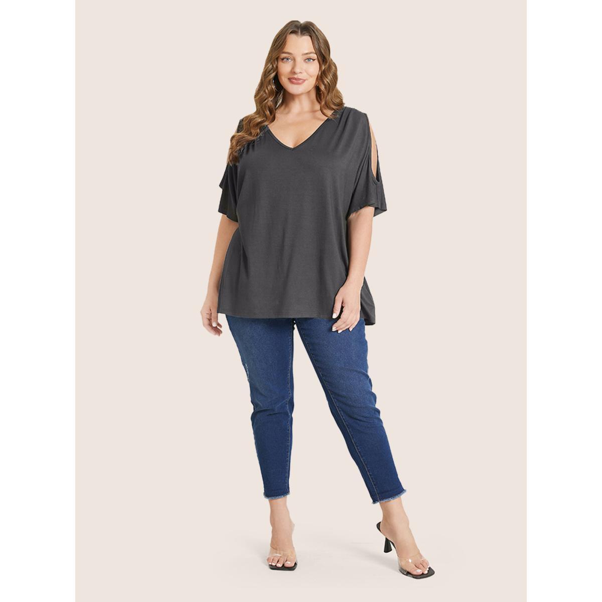 Plus Size Plain Cut Out V Neck T-shirt DimGray Women Elegant Cut-Out Plain V-neck Everyday T-shirts BloomChic 26/4X Product Image