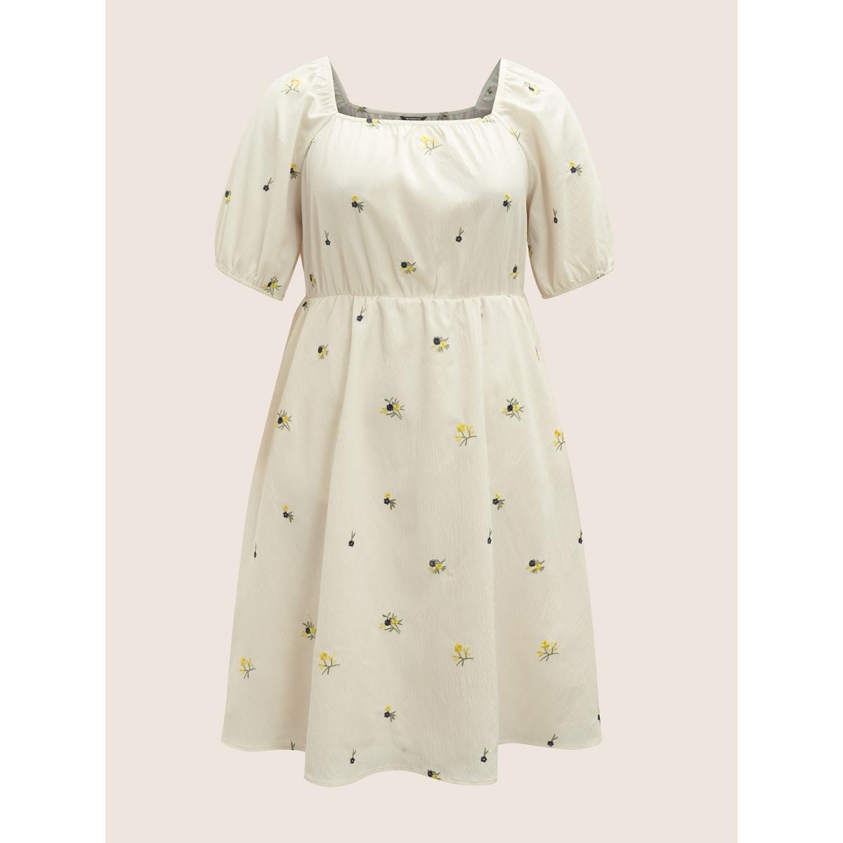 Plus Size Ditsy Floral Embroidered Square Neck Elastic Cuffs Dress Apricot Women Elegant Non Square Neck Short sleeve Curvy Midi Dress BloomChic 22-24/3X Product Image