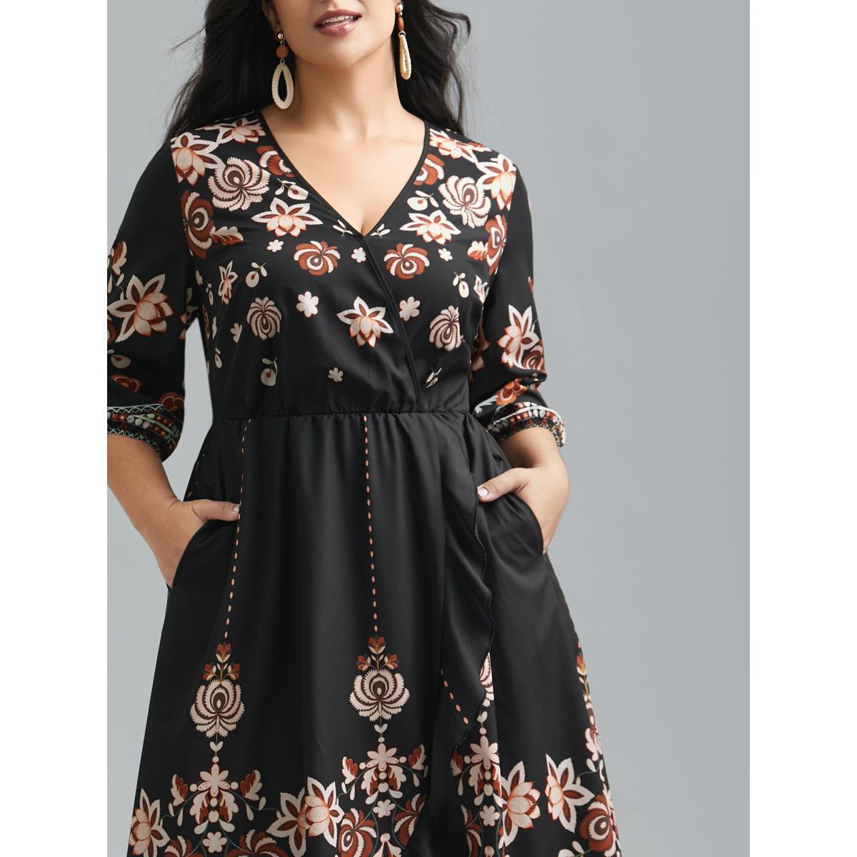 Plus Size Floral Print Wrap Ruffled Hem Dress BlackFlower Women Resort Ruffles Overlap Collar Elbow-length sleeve Curvy BloomChic 14-16/1X Product Image