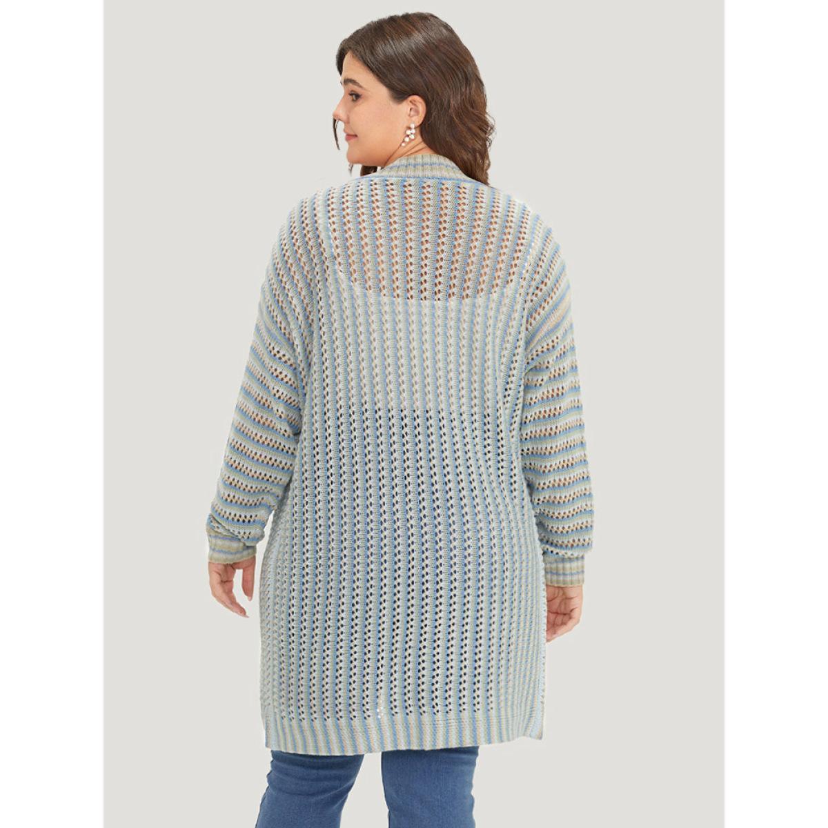 Plus Size Contrast Geo Eyelet Drop Shoulder Cardigan Multicolor Women Casual Loose Long Sleeve Dailywear Cardigans BloomChic 10/M Product Image