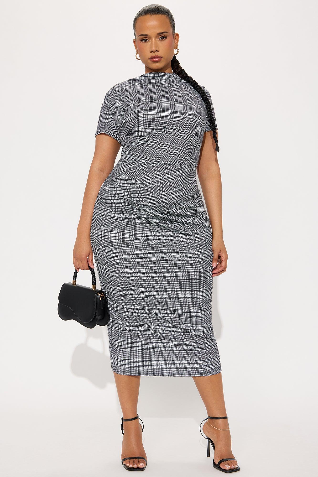 Arlene Houndstooth Short Sleeve Midi Dress - Black/White Female Product Image