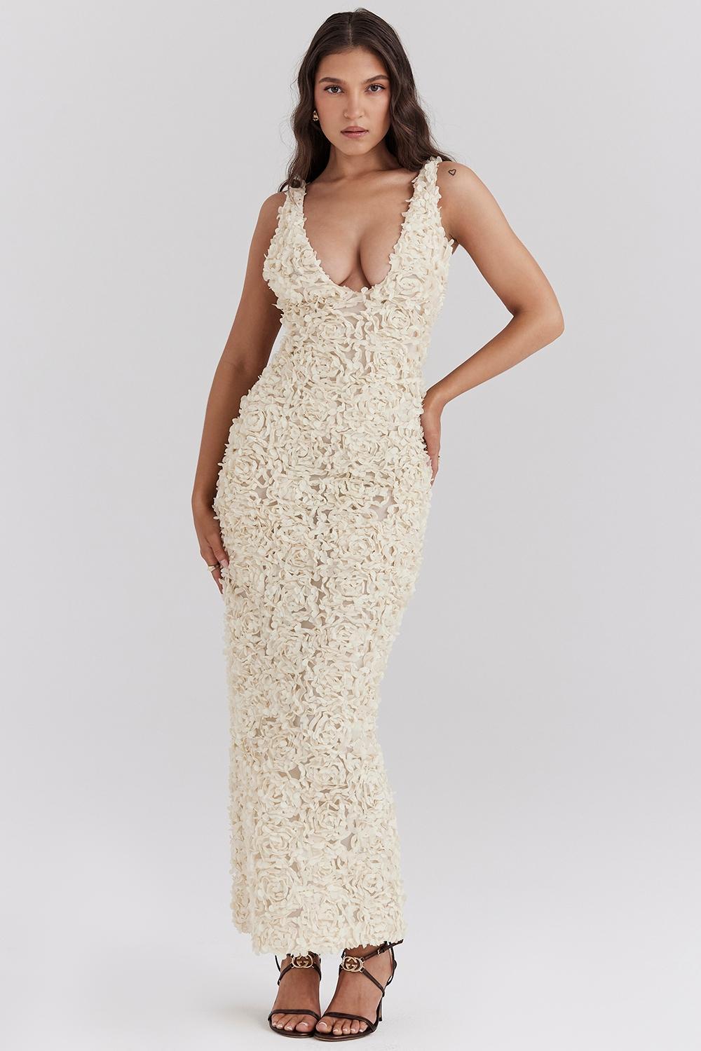 Carena Creme Plunge Floral Appliqué Maxi Dress Product Image