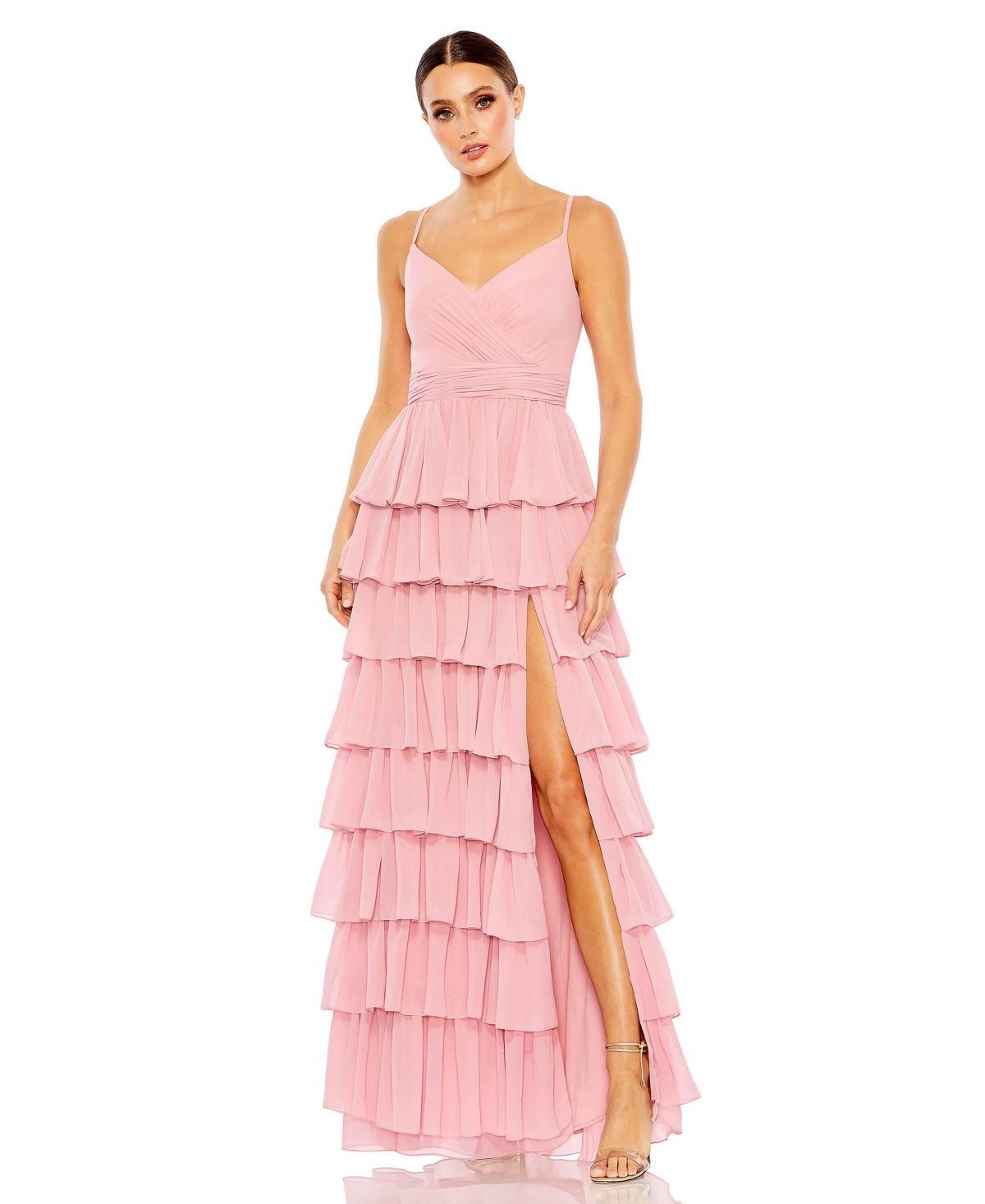 Mac Duggal Tiered Ruffle V-Neck Sleeveless V-Back Thigh High Slit A Product Image