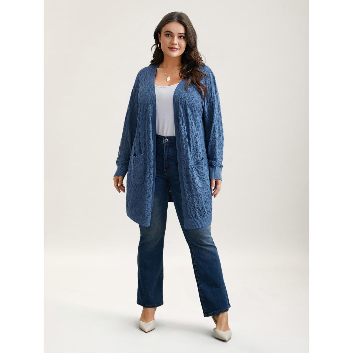 Plus Size Textured Cut-Out Plain Open Front Cardigan Stone Women Casual Loose Long Sleeve Everyday Cardigans BloomChic 22-24/3X Product Image