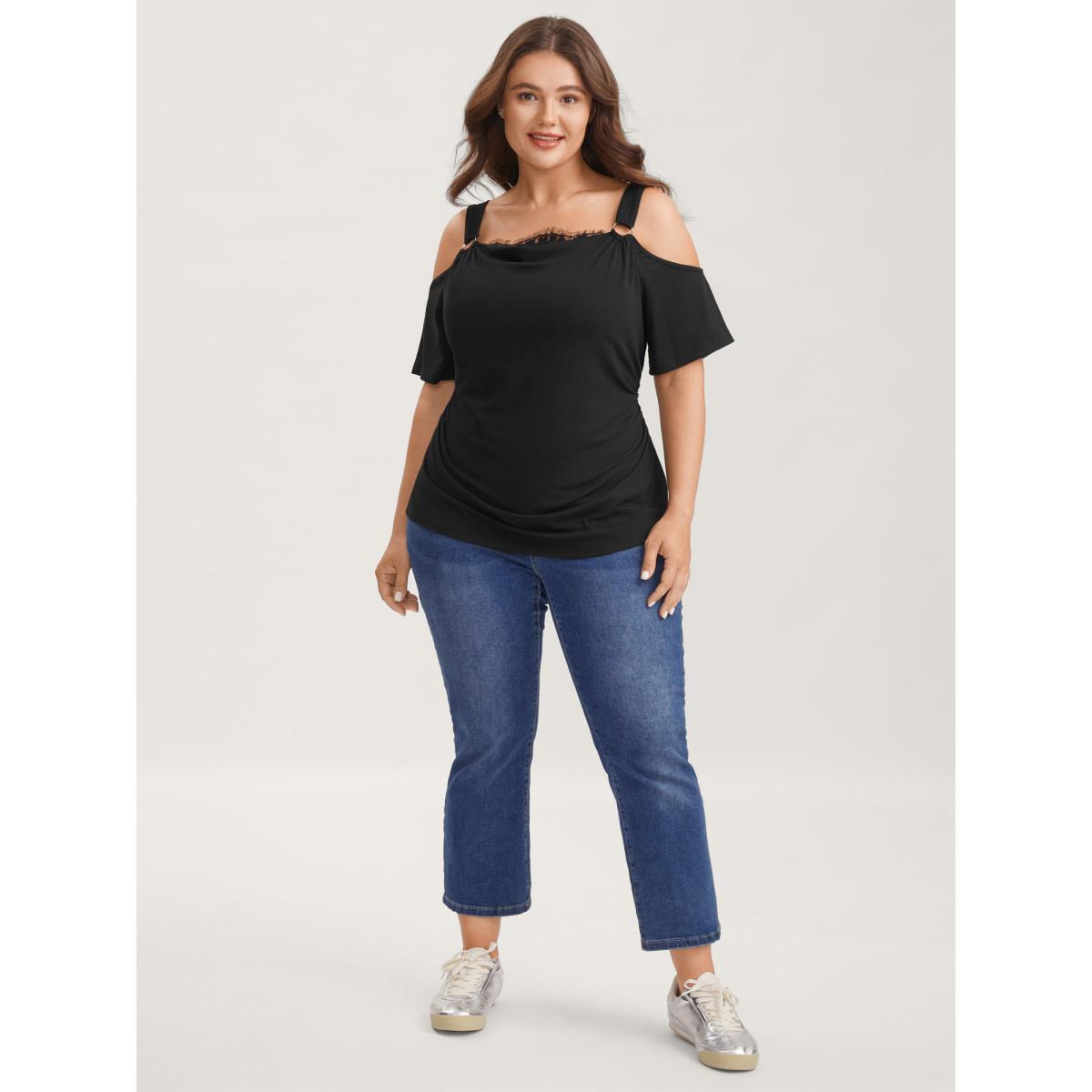 Plus Size Lace Trim Cowl Neck Off-Shoulder T-Shirt Black Women Cowl Neck Everyday-Casual T-shirts BloomChic 10/M Product Image
