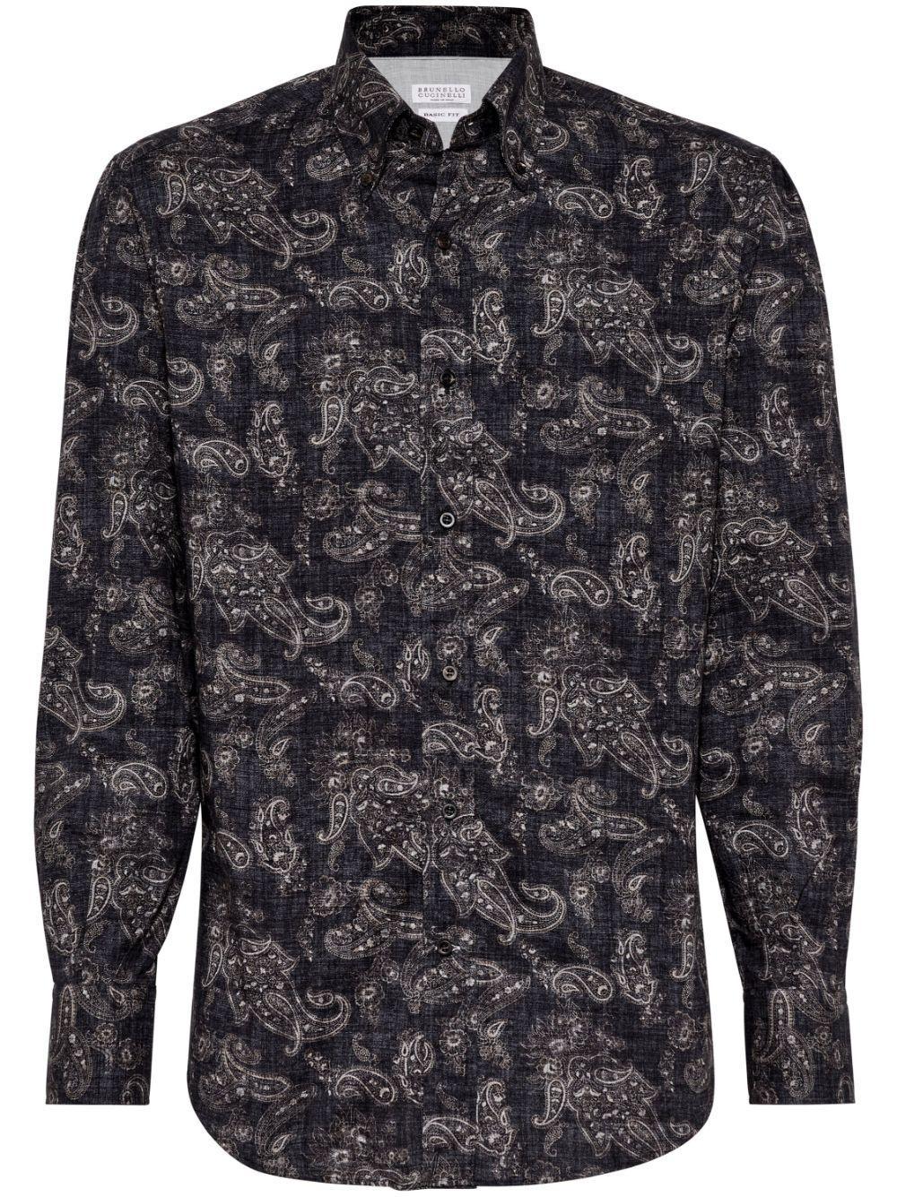 BRUNELLO CUCINELLI Jacquard Patterned Cotton Shirt In Anthracite Product Image