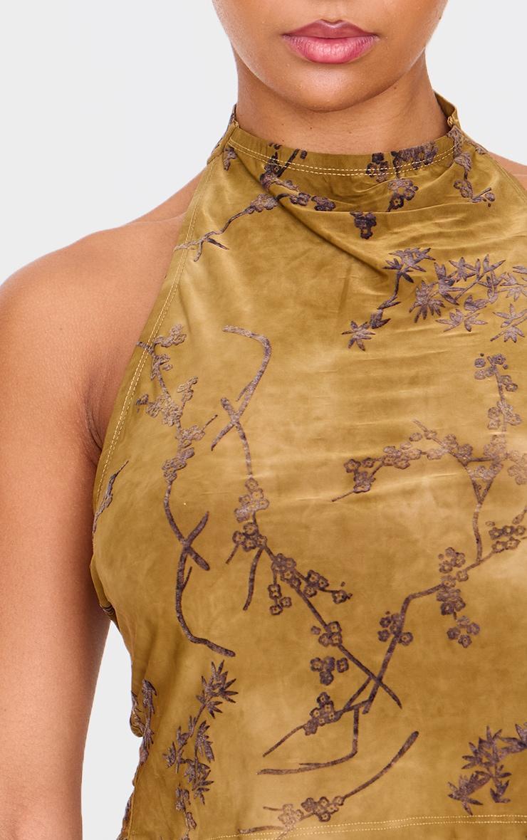 Khaki Devore High Neck Back Detail Long Top Product Image