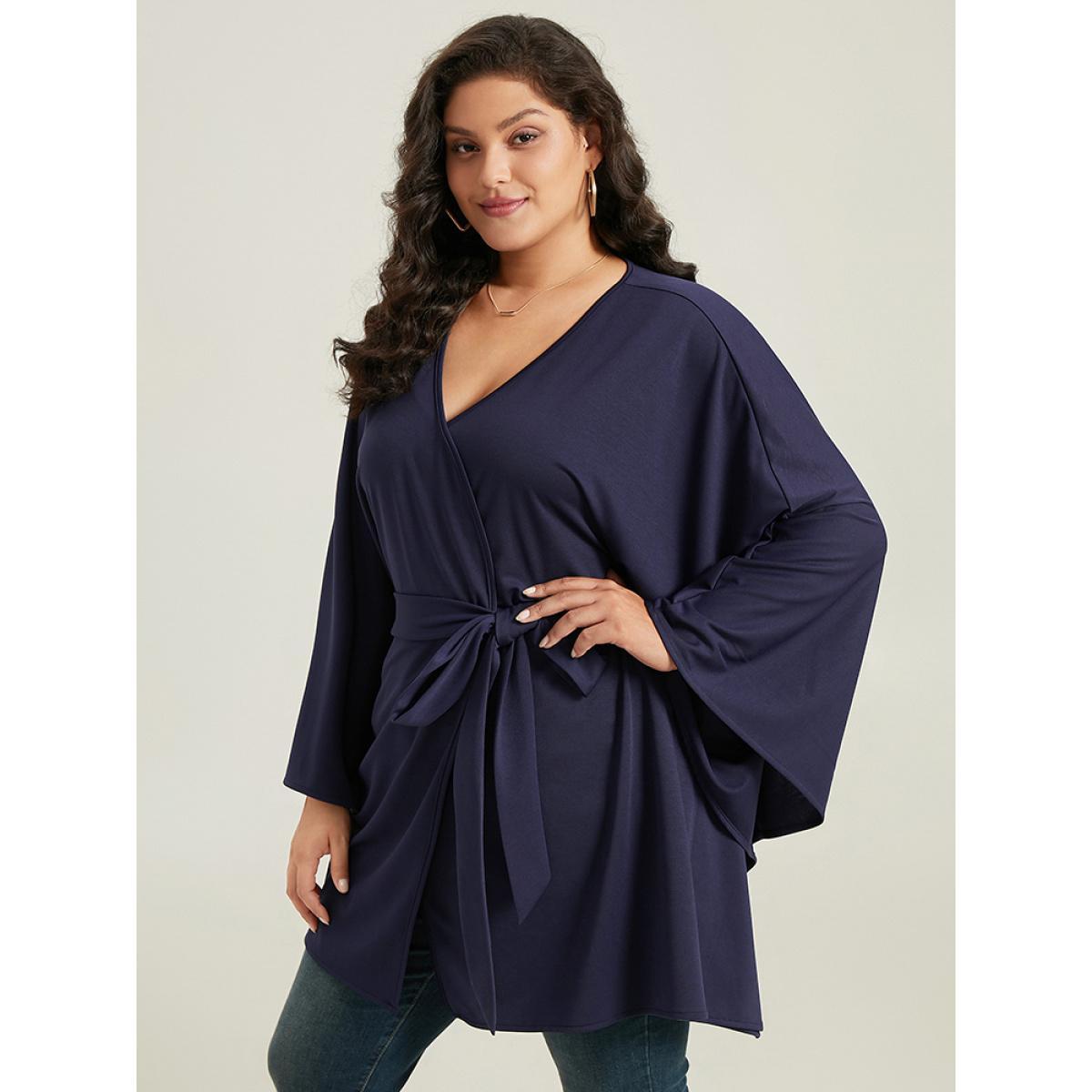 Plus Size Plain Drape Surplice Neck Belted Kimono Women Indigo Casual Drape Loose Belt Everyday Kimonos BloomChic 10/M Product Image