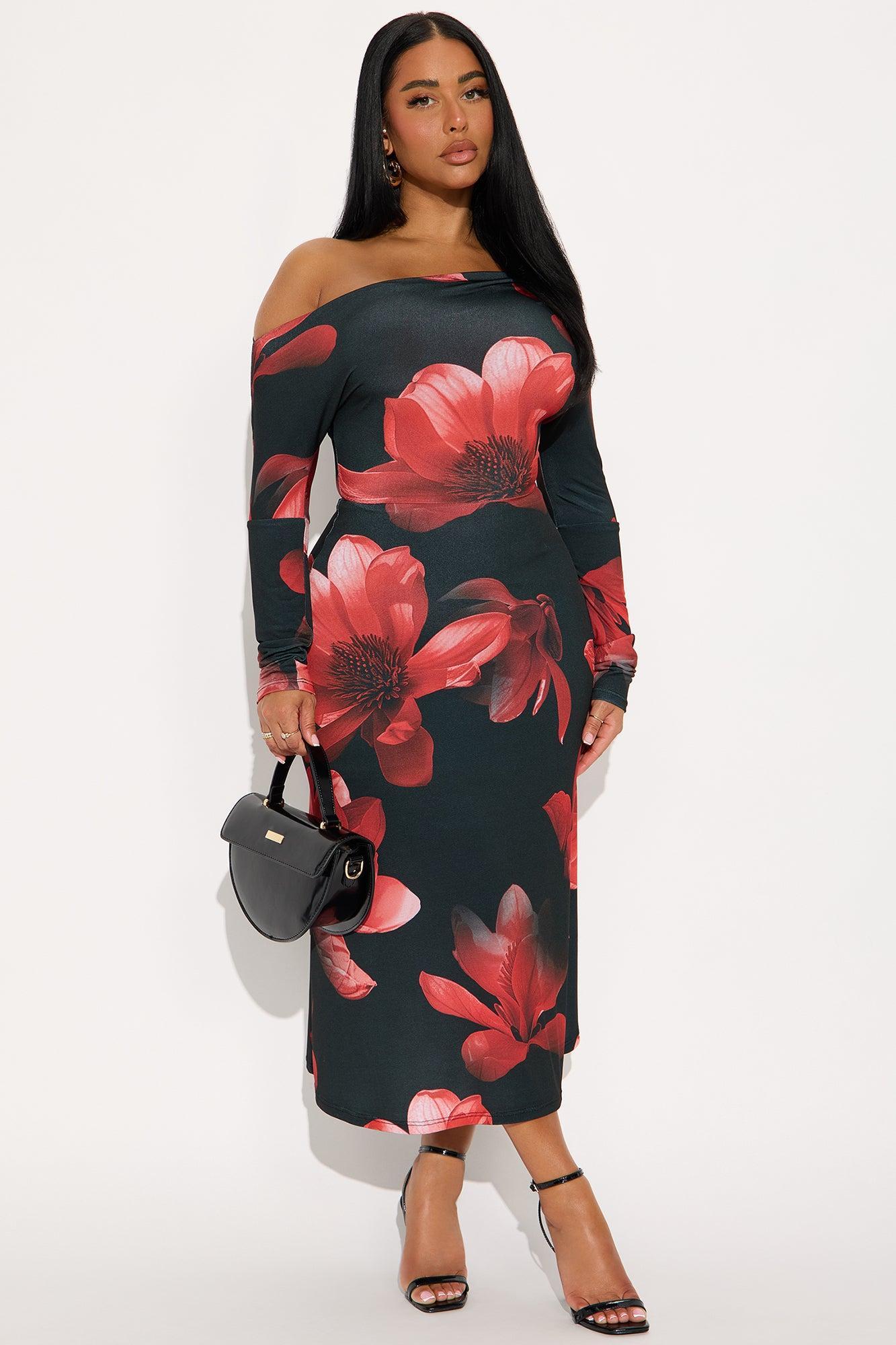 Brea Long Sleeve Floral Midi Dress - Black/Red Female Product Image