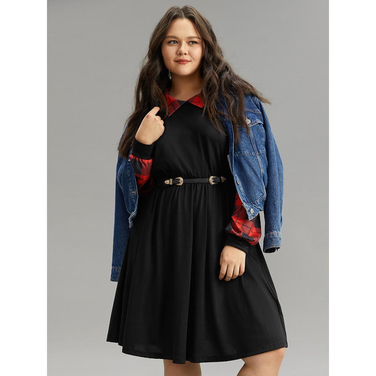 Plus Size Supersoft Essentials Plaid Patchwork Gathered Dress Black Women Casual Patchwork Lapel Collar Long Sleeve Curvy Knee Dress BloomChic 26/4X Product Image