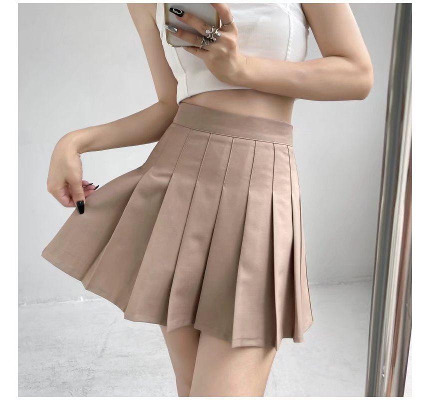 High Waist Plain Pleated Mini A-Line Skirt Product Image