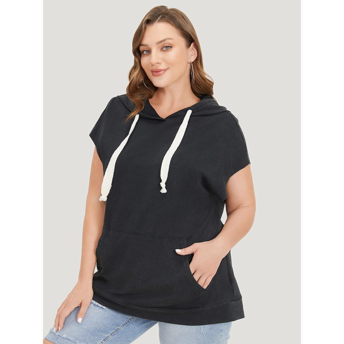 Plus Size Hooded Ties Pocket Batwing Sleeve T-shirt Black Women Casual Cross straps Plain Hooded Dailywear T-shirts BloomChic 14-16/1X Product Image