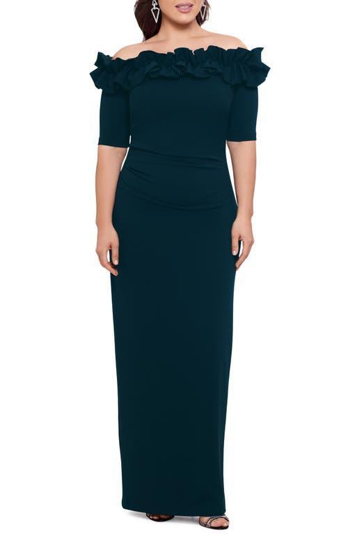Xscape Plus Size Ruffled Off-the-Shoulder Short Sleeve Crepe Sheath Gown Product Image
