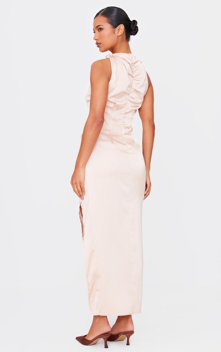 Champagne Satin High Neck Ruched Back Detail Midi Dress Product Image