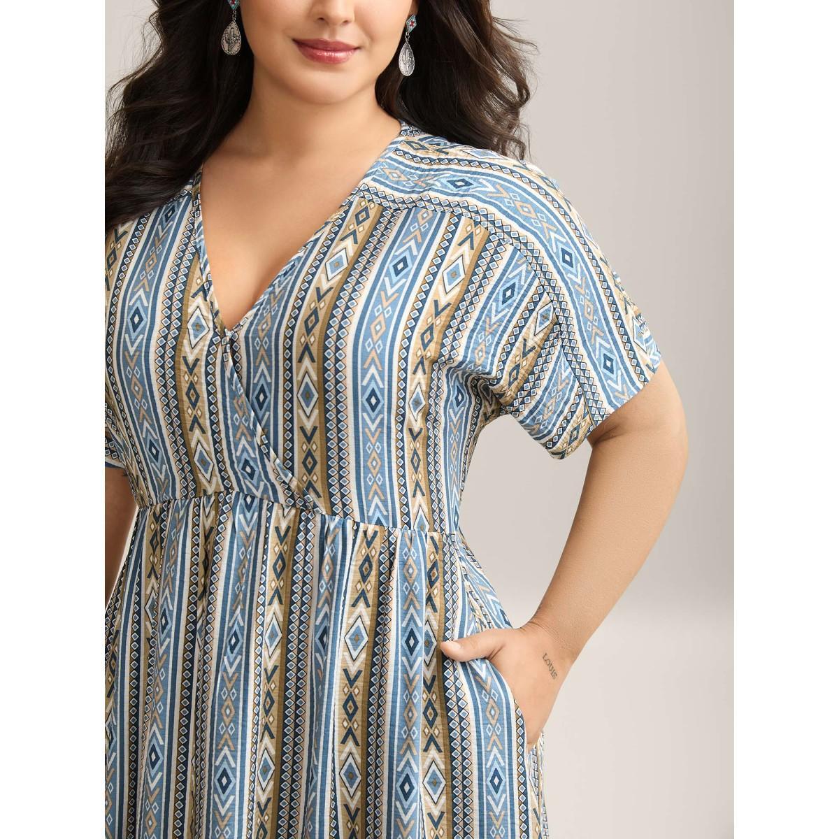 Plus Size Boho Stripes Rayon Pockets Maxi Dress Stone Women Overlap Collar Short sleeve Curvy BloomChic 14-16/1X Product Image