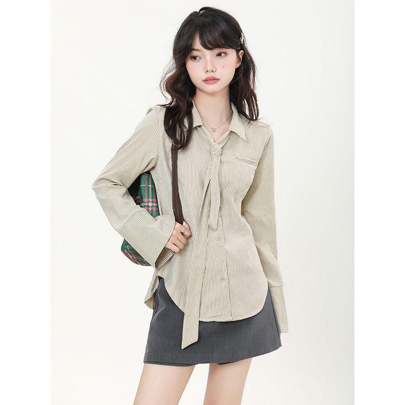 Long-Sleeve Collared Striped Shirt Product Image