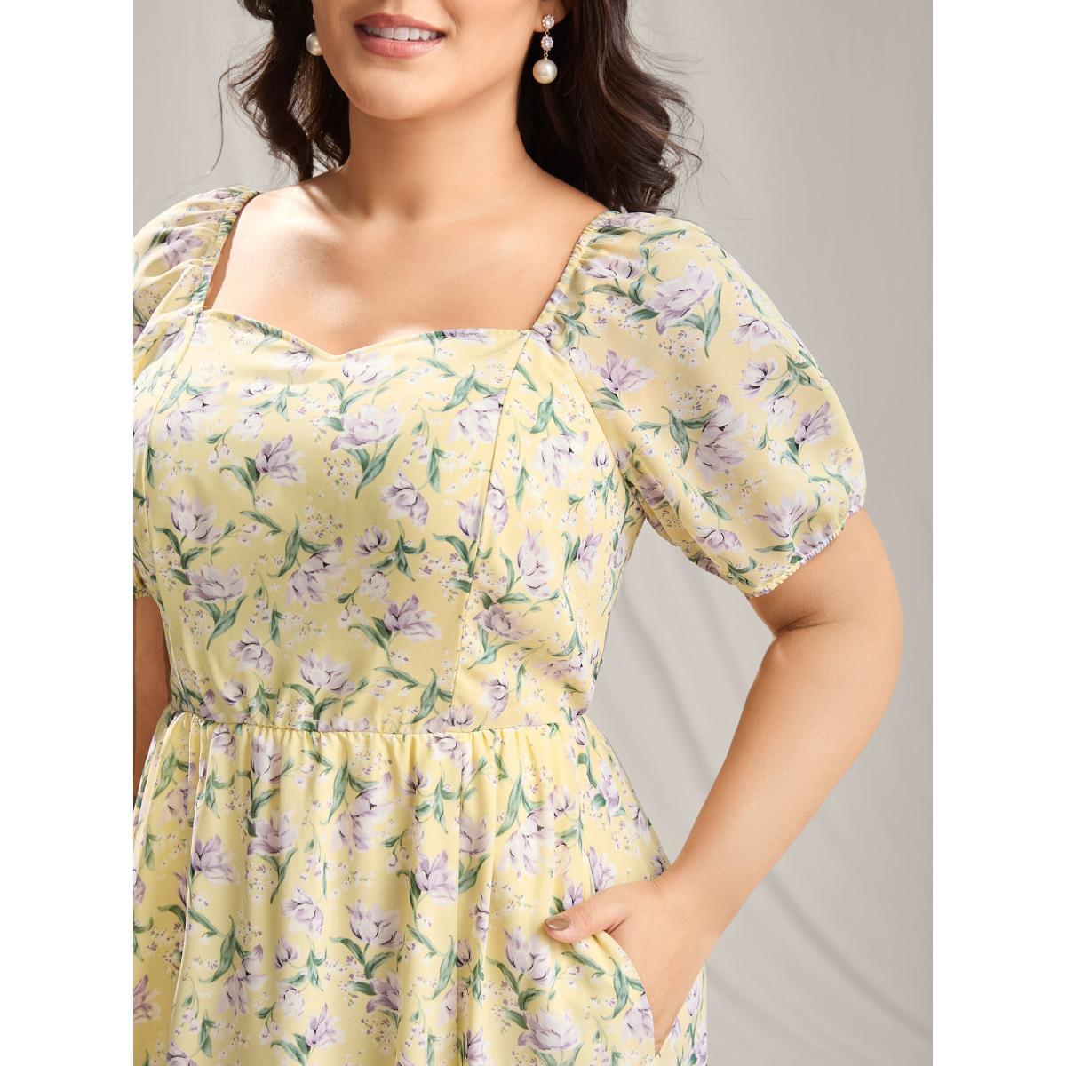 Plus Size Vine Flower Sweetheart Neck Slit Maxi Dress Lightyellow Women Heart neckline Short sleeve Curvy BloomChic 10/M Product Image