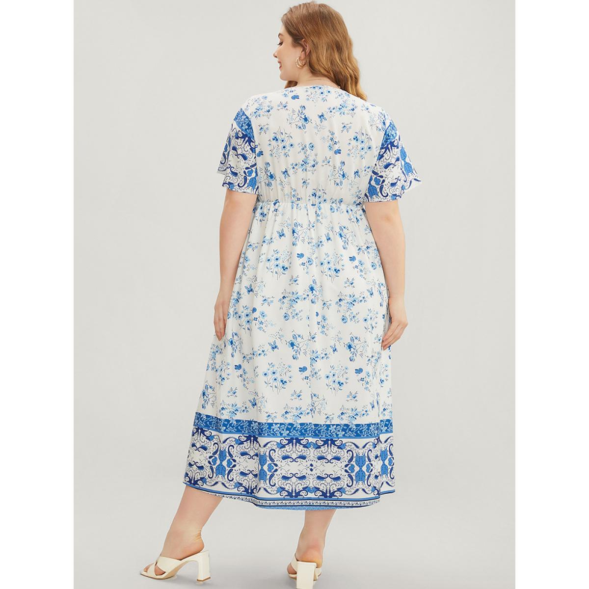 Plus Size Bandana Ruffle Sleeve Button Detail Pocket Ties Up Dress LightBlue Women Vacation Pocket V-neck Short sleeve Curvy Midi Dress BloomChic 14-16/1X Product Image