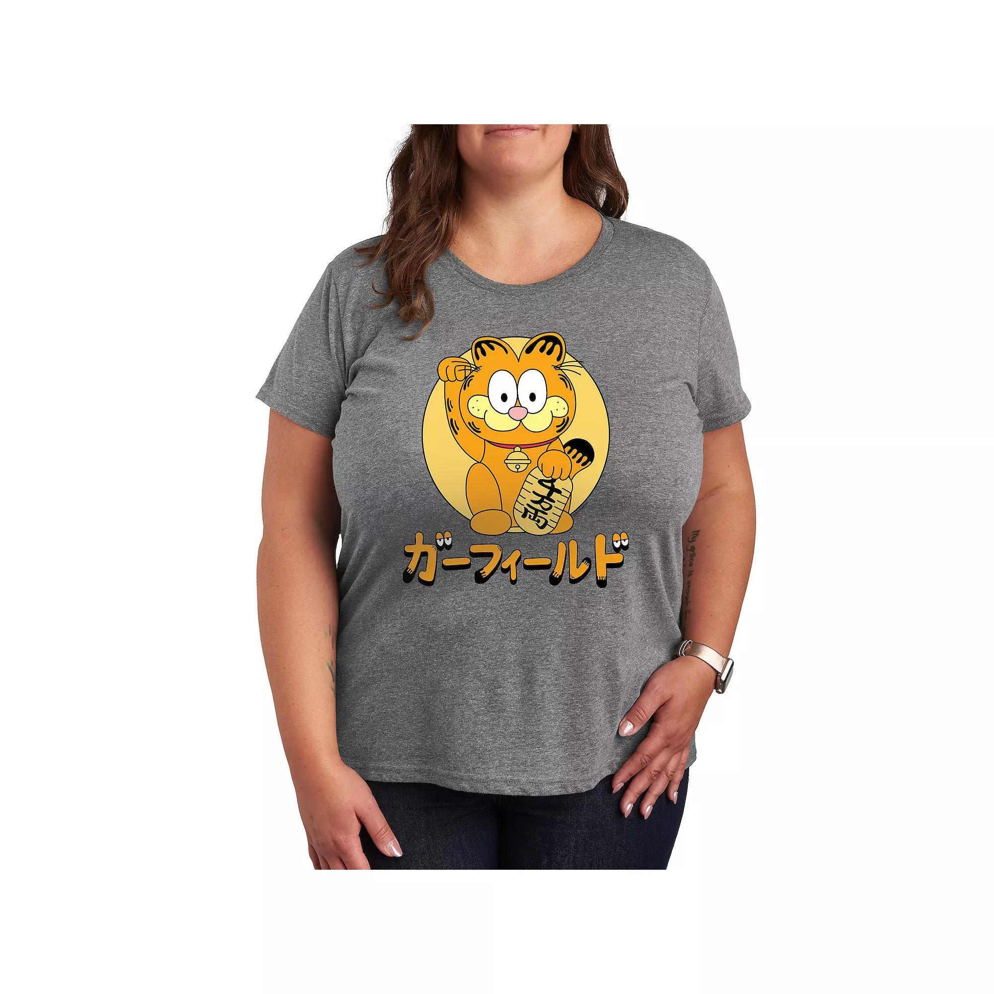 Plus Garfield Lucky Cat Graphic Tee, Womens Grey Gray Product Image