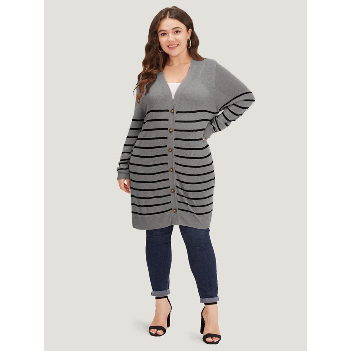Plus Size Supersoft Essentials Striped Button Fly Tunic Cardigan Gray Women Casual Loose Long Sleeve Dailywear Cardigans BloomChic 18-20/2X Product Image