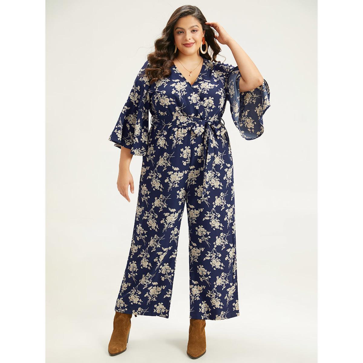 Plus Size DarkBlue Floral Print Bell Sleeve Pocket Belted Jumpsuit Women Elegant Elbow-length sleeve V-neck Dailywear Loose Jumpsuits BloomChic 14-16/1X Product Image